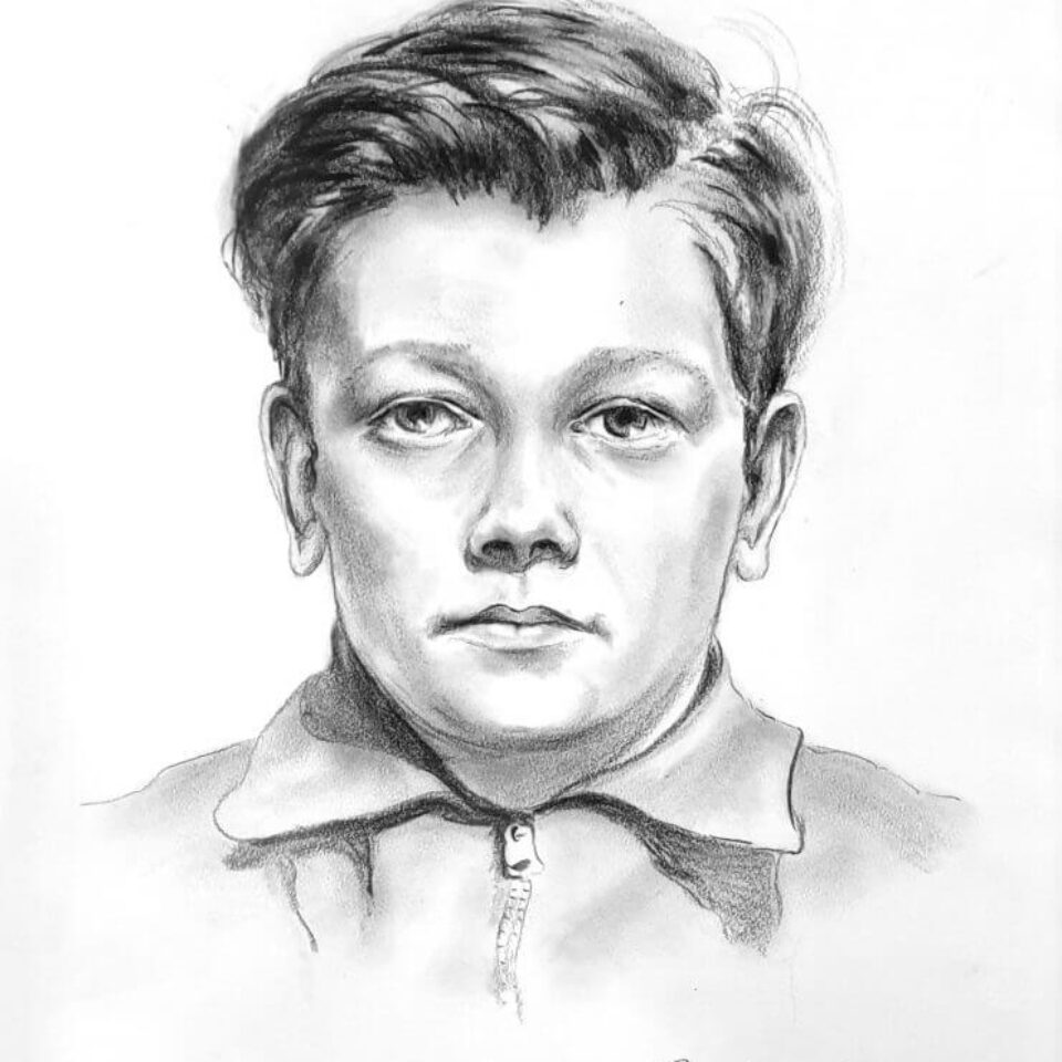 Bild på porträtt av ung pojke ritat med blyerts.