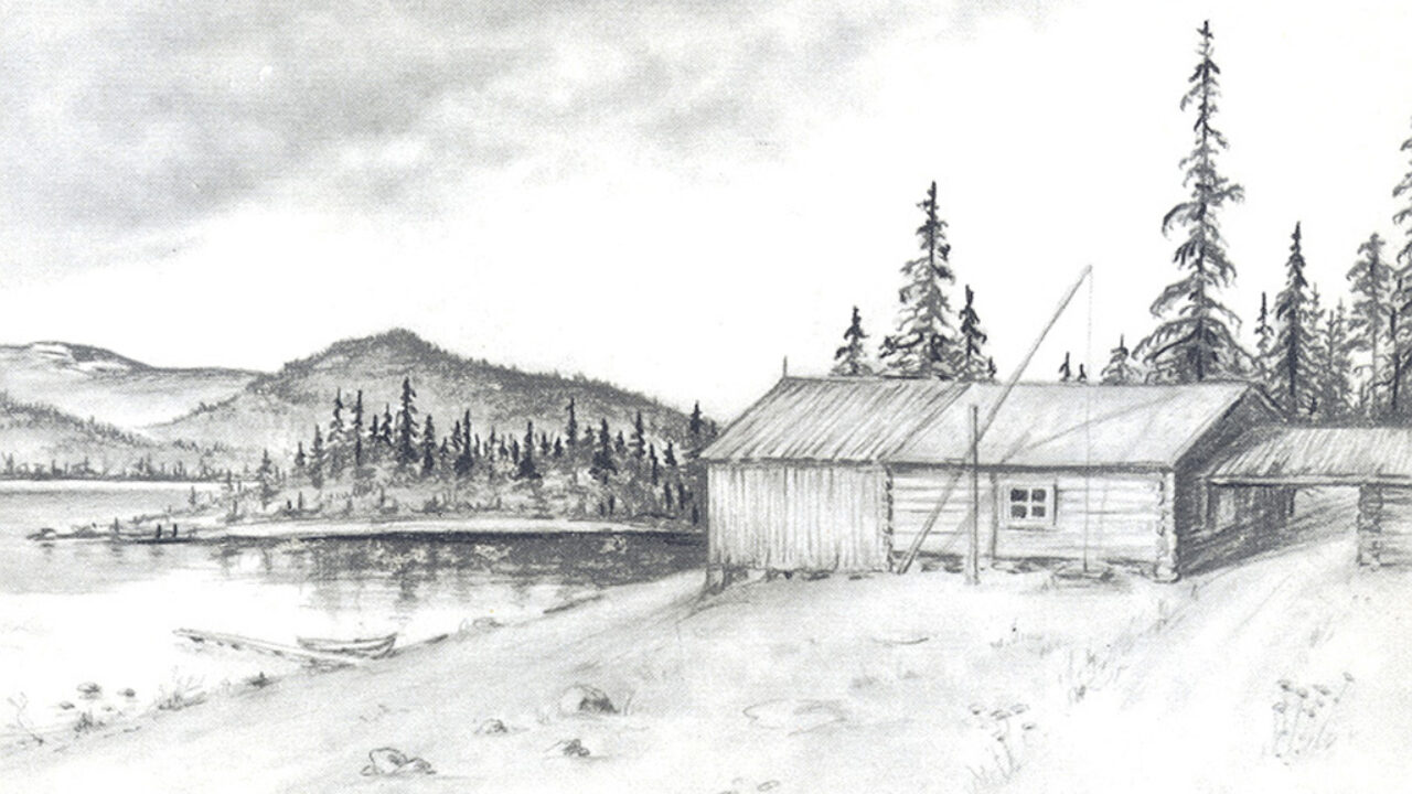 Blyertsteckning av berg, vatten och skog. I vattenkanten ligger en båt, på backen en avlång timring.