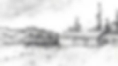 Pencil drawing of mountains, water and forest. There is a boat at the water's edge and an oblong timber ring on the hill.